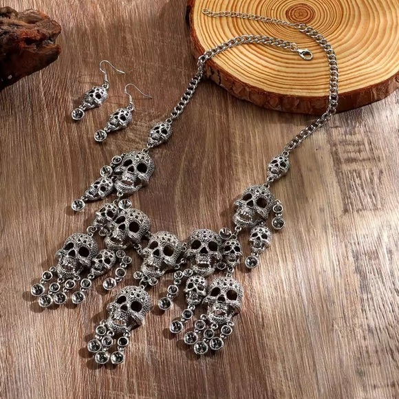 Anthropologie Jewelry - Gothic Skull Necklace & Earrings Set – Statement Punk Jewelry